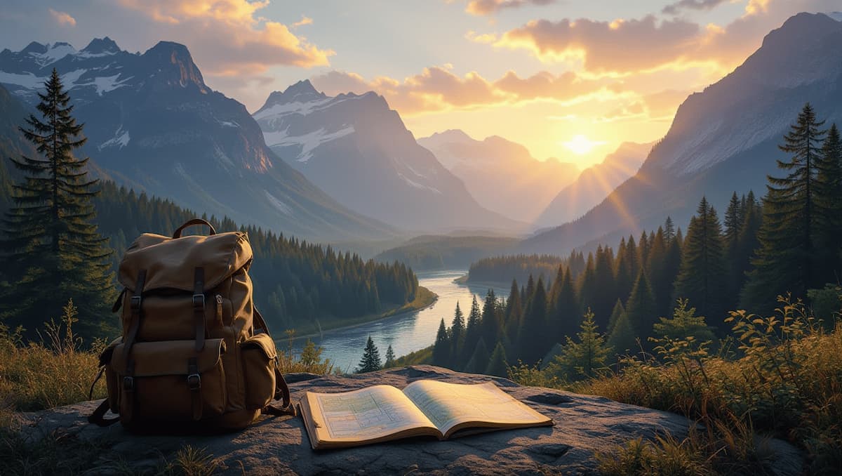 Scenic sunrise view of a mountainous landscape with a winding river and pine forest in the distance. In the foreground, a tan hiking backpack sits on a rock beside an open map, illustrating themes of adventure and exploration. Warm sunlight illuminates the stunning natural scene.